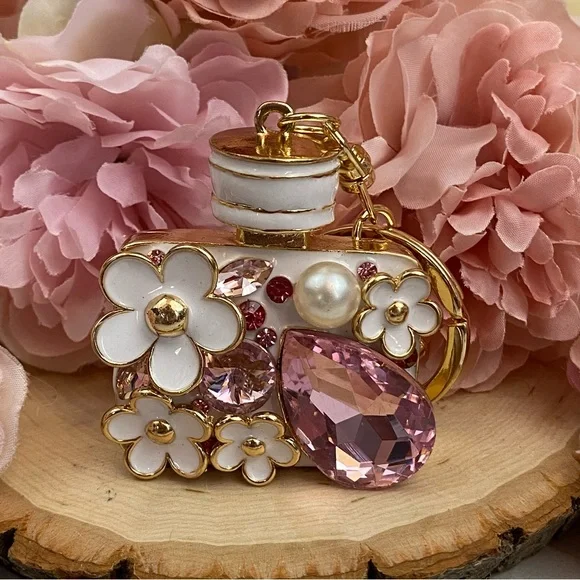 Pink Crystal Flower Perfume Bottle Keychain Charm - Picture 5 of 16